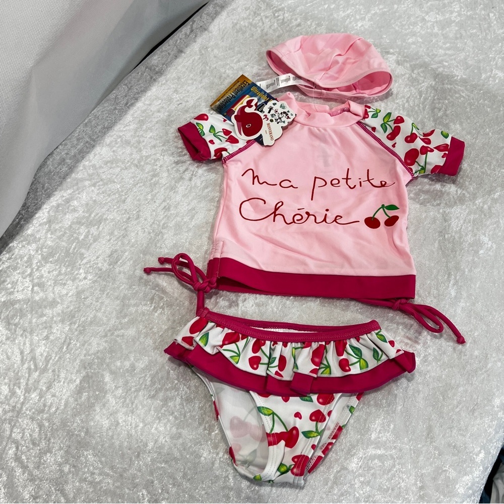 Pink Cherry Swimsuit 3-Piece Bikini Rashguard Set Baby Girl Size 3-6 Months Swim